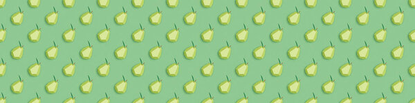 panoramic shot of seamless pattern with handmade paper pears isolated on green