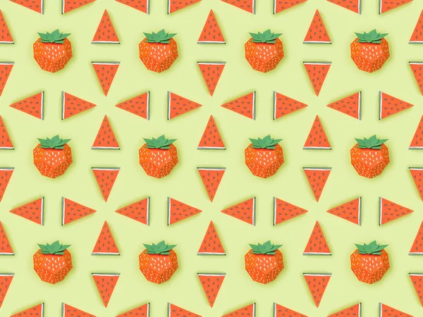 Top View Pattern Handmade Red Paper Strawberries Watermelon Slices Isolated — Stock Photo, Image