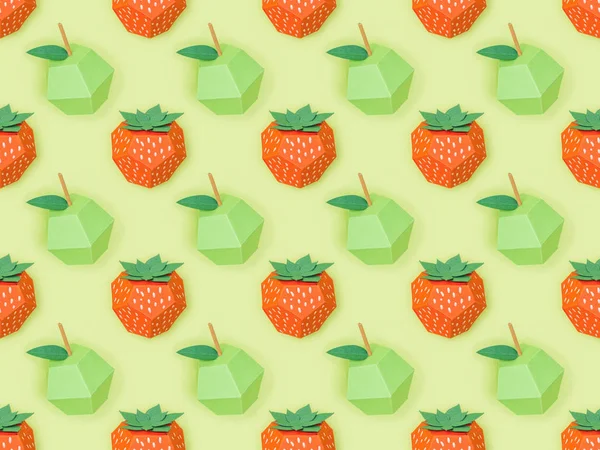 手作りの紙のイチゴとリンゴが緑色に分離されたテクスチャパターンのトップビュー — ストック写真