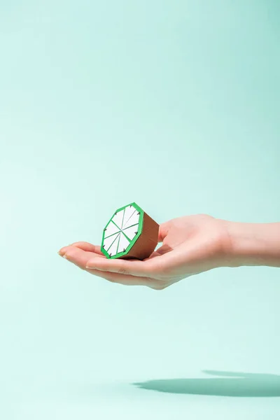 Cropped View Young Woman Holding Handmade Paper Lime Turquoise Copy — Stock Photo, Image