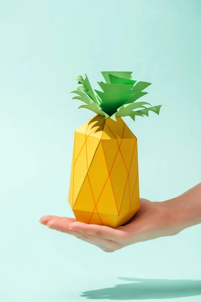 Cropped View Young Woman Holding Handmade Paper Pineapple Turquoise — Stock Photo, Image