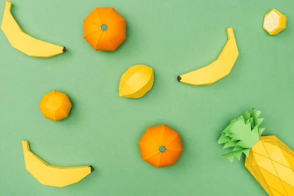 Top View Handmade Paper Bananas Lemons Tangerines Isolated Green — Stock Photo, Image