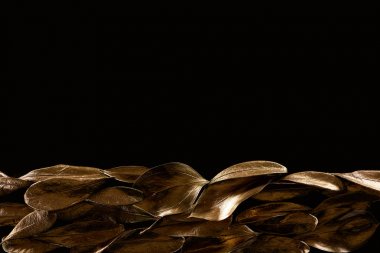 kopya alanı ile siyah izole altın metal dekoratif yapraklarından yapılmış çerçeve kenarlık üst görünümü