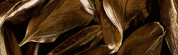 Πανοραμική Βολή Από Χρυσό Μέταλλο Διακοσμητικά Φύλλα Που Απομονώνονται Μαύρο — Φωτογραφία Αρχείου