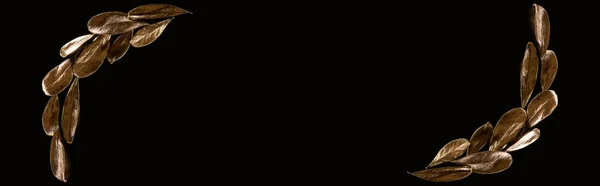 Панорамный Снимок Ветвей Золотыми Металлическими Декоративными Листьями Изолированными Черном — стоковое фото