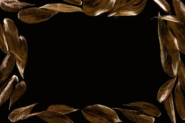 Top View Frame Borders Made Golden Metal Leaves Isolated Black — Stock Photo, Image