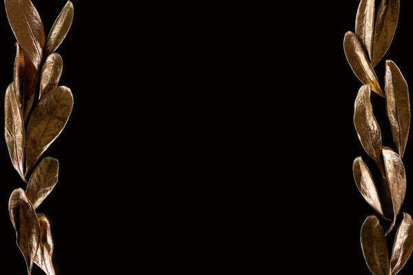 top view of borders made of golden decorative leaves isolated on black with copy space