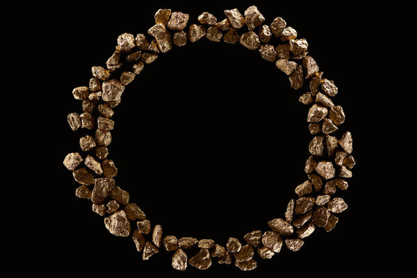 top view of round frame made of golden stones isolated on black with copy space