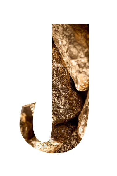 白に隔離された光沢のある金色の石で作られた文字J — ストック写真