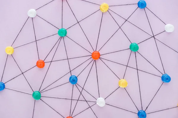 Top View Push Pins Connected Strings Isolated Pink Network Concept — Stock Photo, Image