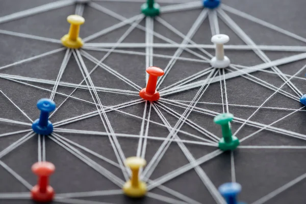 Colorful Push Pins Connected Strings Isolated Grey Network Concept — Stock Photo, Image