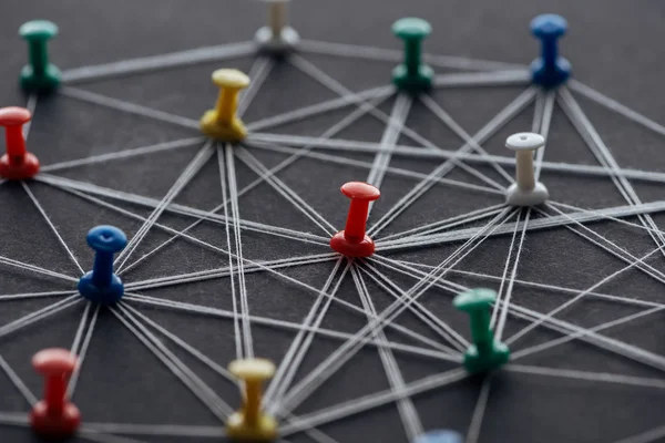 Push Pins Connected Strings Isolated Grey Network Concept — Stock Photo, Image