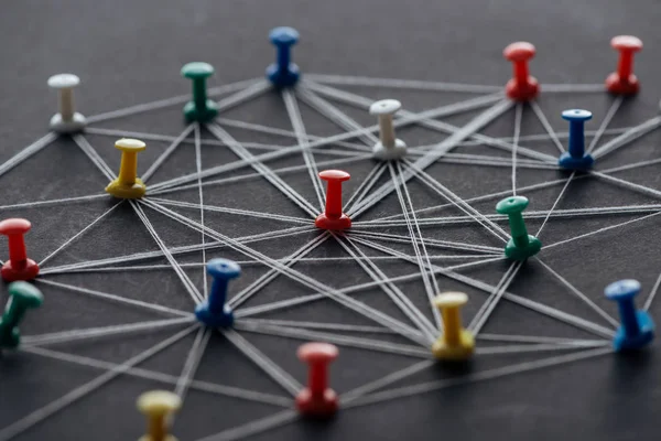 Colorful Pins Connected Strings Isolated Grey Network Concept — Stock Photo, Image