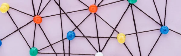 Panoramic Shot Colorful Push Pins Connected Strings Isolated Pink Network — Stock Photo, Image