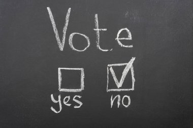 top view of white vote lettering and check mark near no word on black chalkboard clipart