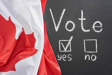 top view of vote lettering and check mark near yes word on black chalkboard near flag of Canada clipart