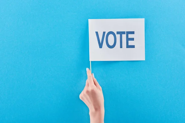 Cropped View Woman Holding White Flag Vote Lettering Blue Background — Stock Photo, Image