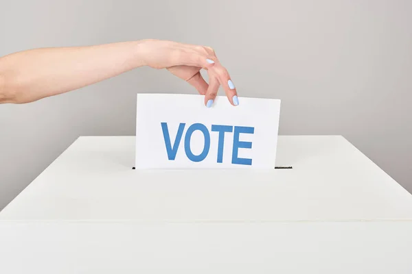 Partial View Woman Putting Card Vote Box Isolated Grey — Stock Photo, Image