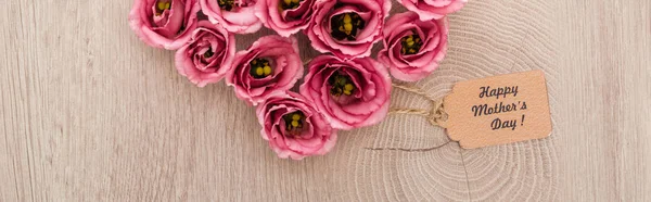 Tiro Panorâmico Flores Eustoma Rosa Etiqueta Papel Com Palavras Dia — Fotografia de Stock