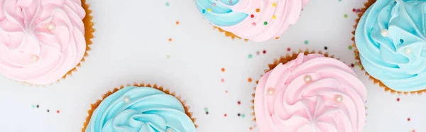 Panoramic Shot Delicious Colorful Cupcakes Sprinkles Isolated White — Stock Photo, Image