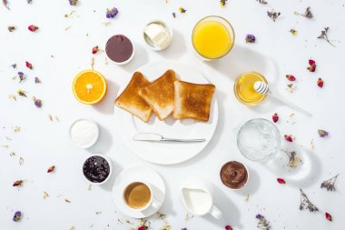 reçel, bal, çikolata kreması ve krem peynir ile kase yakın tost ile plaka üst görünümü beyaz gözlük yakın 