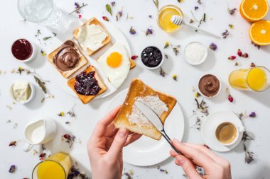 beyaz lezzetli tost krem peynir yayılan kadın kırpılmış görünümü