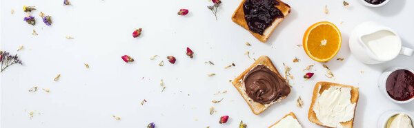 panoramic shot of toasts with jam, chocolate cream and cream cheese near dried flowers on white 