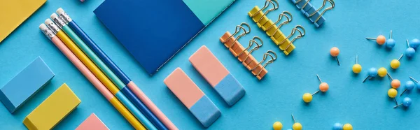 Panoramic Shot Pencils Push Pins Colorful Stationery Isolated Blue — Stock Photo, Image