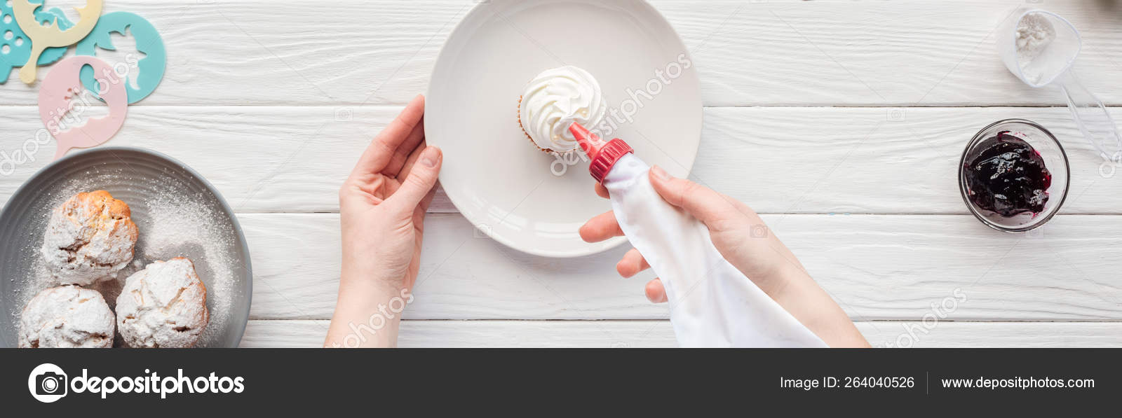 Panoramic Shot Woman Decorating Cupcake Icing Bag White