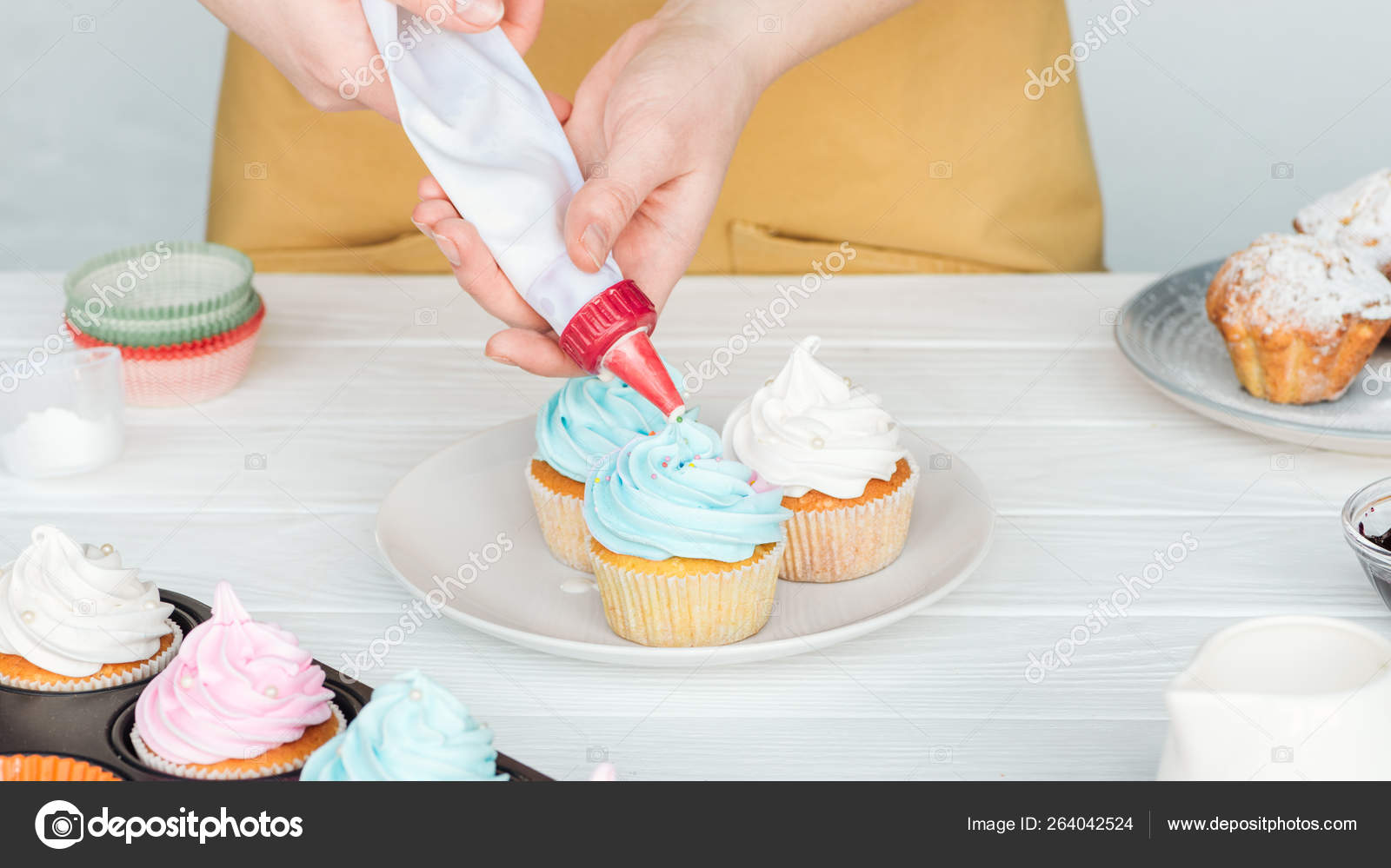 Partial View Woman Decorating Cupcakes Icing Bag Stock