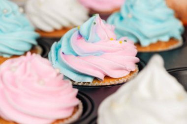cupcake tepside serpiştirilmiş lezzetli mavi ve pembe cupcakes yakın