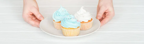 Panoramic Shot Woman Holding Plate Delicious Cupcakes White Table — Stock Photo, Image