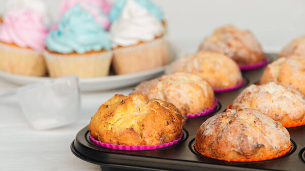 selective focus of tasty cupcakes with powdered sugar in cupcake tray