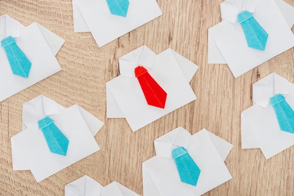 Top View Origami White Shirts Blue Ties One Red Wooden — Stock Photo, Image