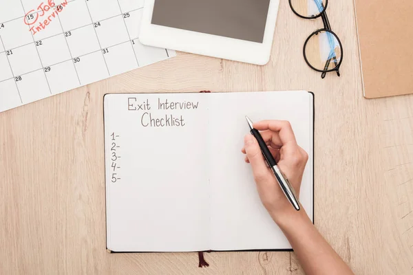 Partial View Recruiter Holding Pen Notebook Exit Interview Checklist Lettering — Stock Photo, Image