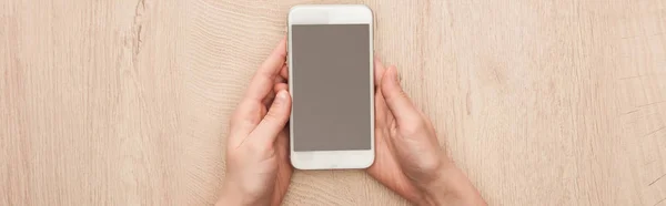 Panoramic Shot Woman Holding Smartphone Blank Screen Hands — Stock Photo, Image