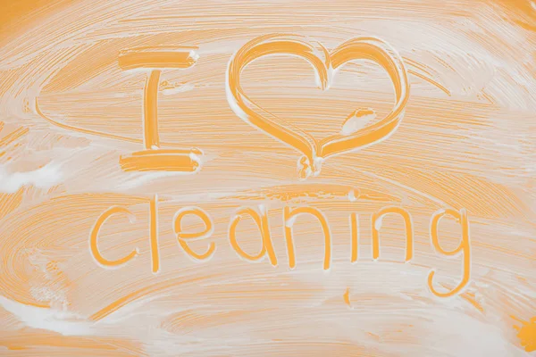 Love Cleaning Handwritten Lettering Written Glass White Foam Orange Background — Stock Photo, Image