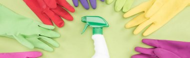panoramic shot of multicolored rubber gloves in circle around spray bottle with detergent on green background clipart