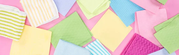 Panoramic Shot Messy Scattered Colorful Rags Pink Background — Stock Photo, Image