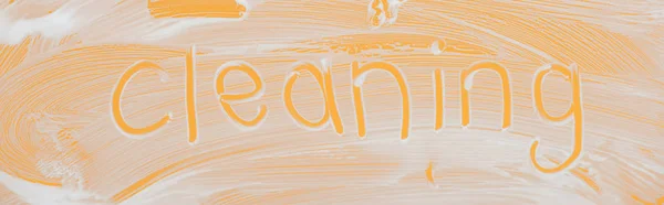 Panoramic Shot Glass Covered White Foam Orange Background Cleaning Lettering — Stock Photo, Image