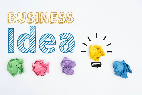 Top View Business Idea Inscription Colorful Crumpled Paper Balls White — Stock Photo, Image