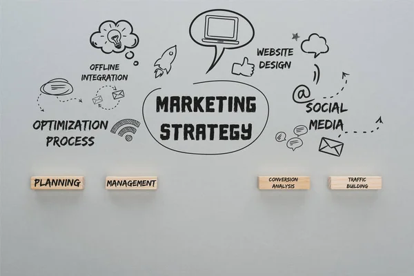 Vista Dall Alto Strategia Marketing Iscrizione Vicino Illustrazione Icone Multimediali — Foto Stock