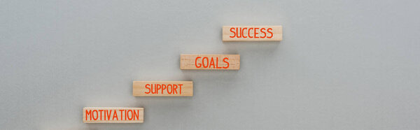 panoramic shot of wooden blocks with motivation, support, goals, success words on grey background, business concept