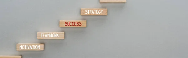 Panoramic Shot Wooden Blocks Motivation Teamwork Success Strategy Words Grey — Stock Photo, Image