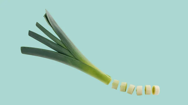 Bovenaanzicht Van Vers Uitgesneden Prei Geïsoleerd Turkoois — Stockfoto