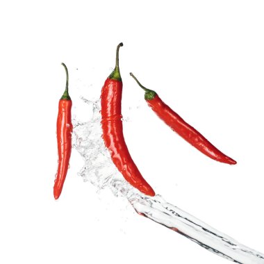 bright spicy red chili peppers with clear water splash isolated on white clipart