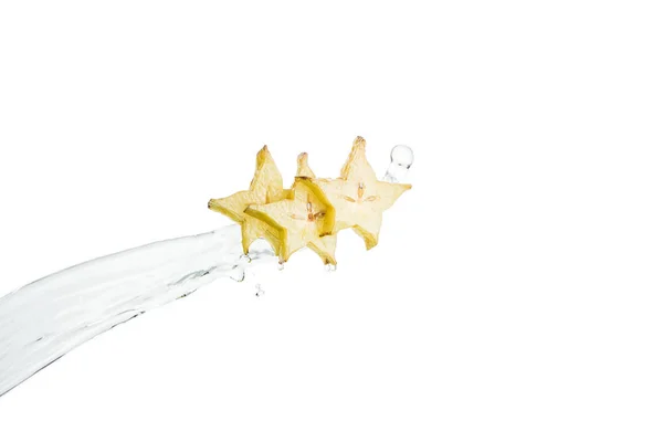 Fresh Exotic Star Fruit Slices Water Stream Isolated White — Stock Photo, Image