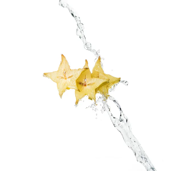 Fresh Tropical Star Fruit Slices Water Splash Isolated White — Stock Photo, Image