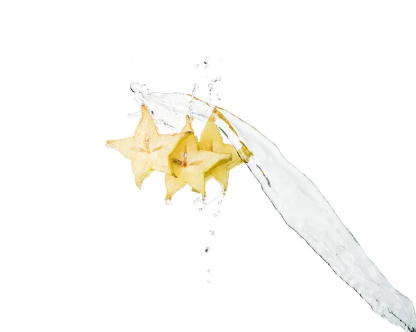 Tasty Exotic Star Fruit Slices Water Splash Isolated White — Stock Photo, Image