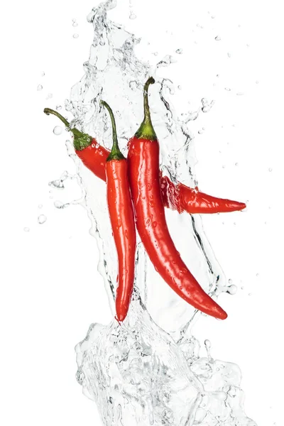 Fűszeres Chili Paprika Tiszta Vizes Csobbanás Csepp Elszigetelt Fehér — Stock Fotó